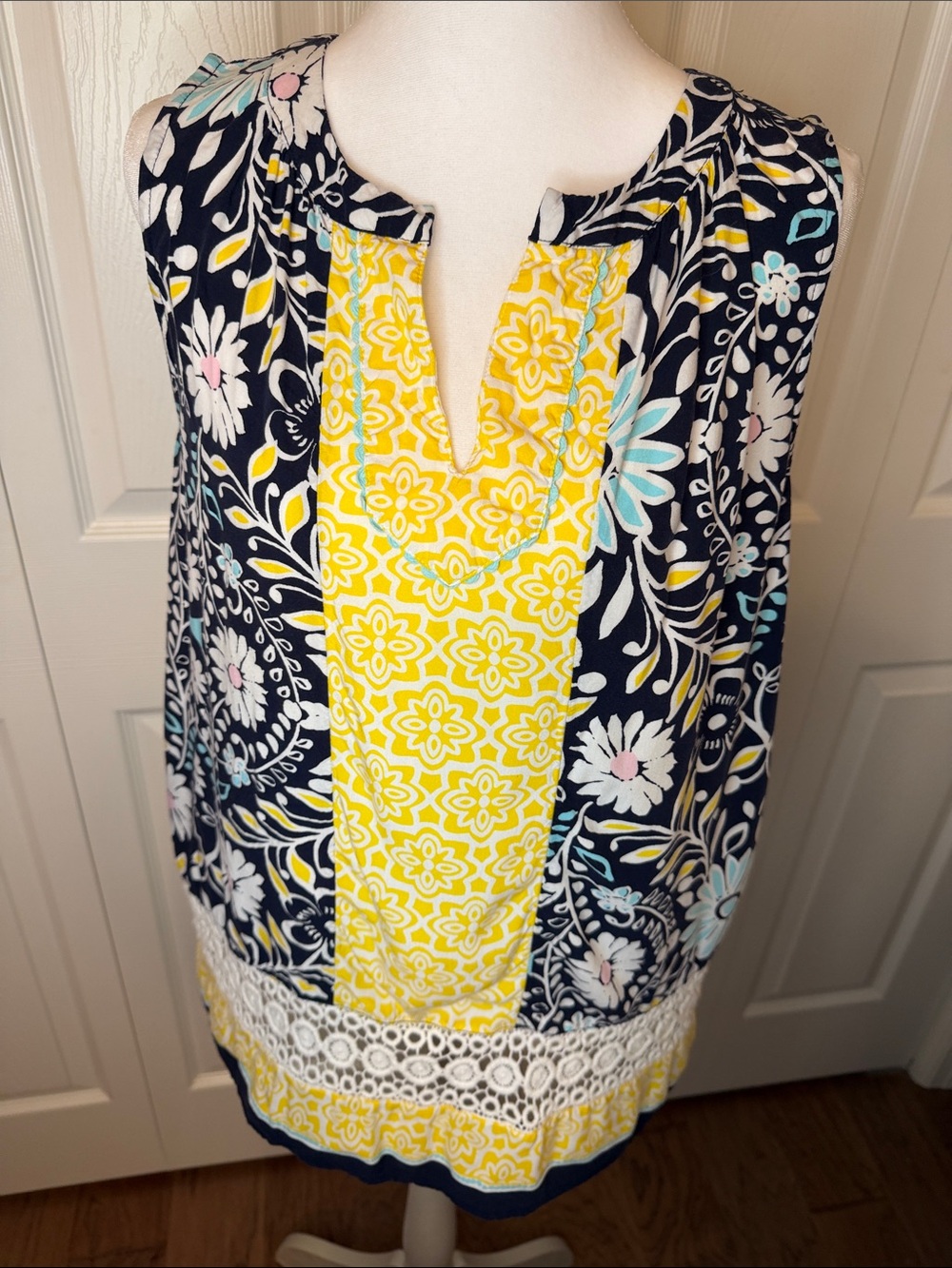 crown & ivy Yellow and Navy Floral Patchwork Sleeveless Tunic